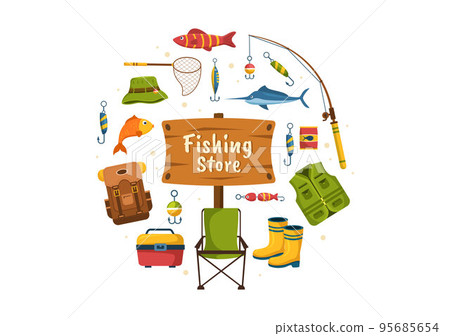 Fishing Shop Selling Various Fishery Equipment, Bait, Fish Catching Accessories or Items on Flat Cartoon Hand Drawn Templates Illustration 95685654