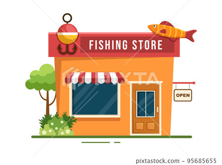 Fishing Shop Selling Various Fishery Equipment, Bait, Fish Catching Accessories or Items on Flat Cartoon Hand Drawn Templates Illustration 95685655