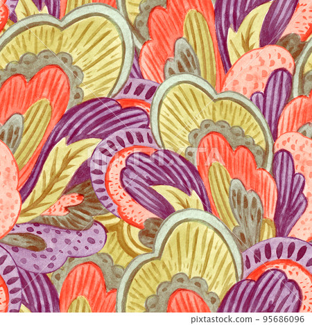 Psychedelic ornamental pattern. Watercolor hand drawn texture with floral and botanical ornate shapes and motifs. Psychedelic ornamental pattern. Watercolor hand drawn texture with floral and botanical ornate shapes and motifs. 95686096