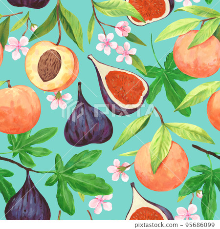 Seamless pattern with watercolor blooming peach branches with flowers and ripe fig fruits. Decorative texture for design Seamless pattern with watercolor blooming peach branches with flowers and ripe fig fruits. Decorative texture for design 95686099