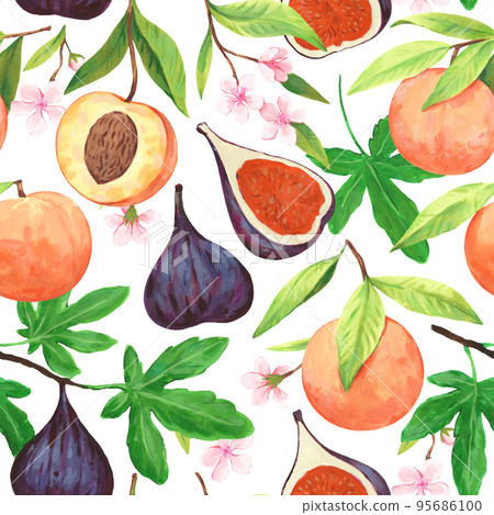 Seamless pattern with watercolor blooming peach branches with flowers and ripe fig fruits. Decorative texture for design Seamless pattern with watercolor blooming peach branches with flowers and ripe fig fruits. Decorative texture for design 95686100