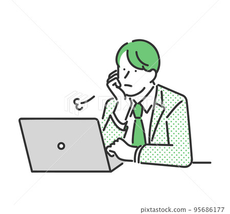 Illustration material of a male business person who puts his cheeks in front of a computer and sighs 95686177