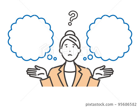 A young business woman worried about choosing a blank speech bubble 95686582