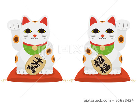 一組坐在墊子上的招手貓的插圖 95688424