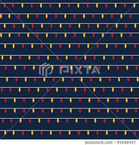 Seamless pattern with garlands and multi-colored light bulbs on a dark blue background. Flat style geometric design for packaging and print. Vector Seamless pattern with garlands and multi-colored light bulbs on a dark blue background. Flat style geometric design for packaging and print. Vector 95688437