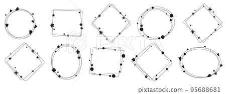 Modern linear frames in a minimalistic style with elements of hearts, stars, crosses, snowflakes, circles. Various shapes of frames, vector illustration isolated on white Modern linear frames in a minimalistic style with elements of hearts, stars, crosses, snowflakes, circles. Various shapes of frames, vector illustration isolated on white 95688681