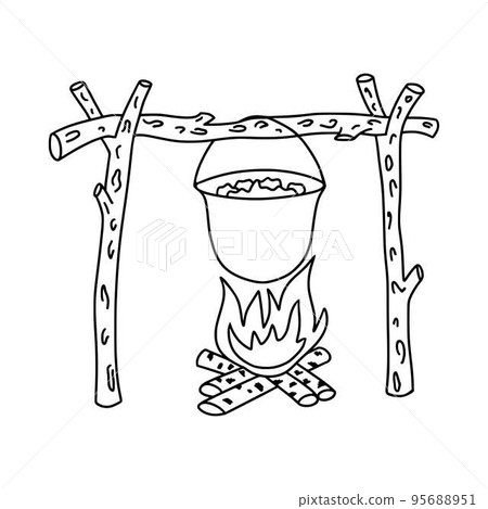 Doodle-style soup pot hanging on a wooden log. Food on the campfire. Vector illustration. Doodle-style soup pot hanging on a wooden log. Food on the campfire. Vector illustration. 95688951
