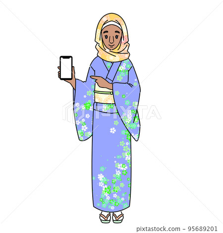 A Muslim woman wearing a kimono operating a smartphone without a mask 95689201