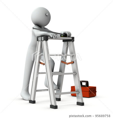 A person who puts his feet on a stepladder. I have a tape measure in my hand. Husband who is a do-it-yourselfer and repairs the house. 95689758