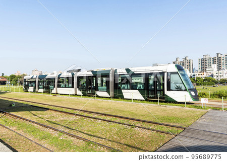 View of the light rail train running in Kaohsiung, Taiwan. The light rail system in Kaohsiung is the first light rail transit in Taiwan. 95689775