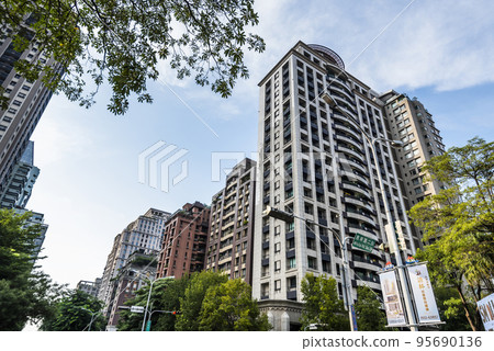 Low angle view of the modern architectural landscape in Taichung, Taiwan. 95690136