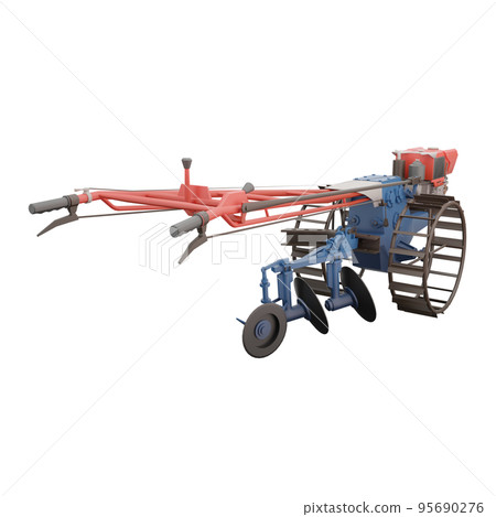 3D render thailand tractor hand control with steel wheels and two pull accessaries right side rear to front view.png illustation. 95690276