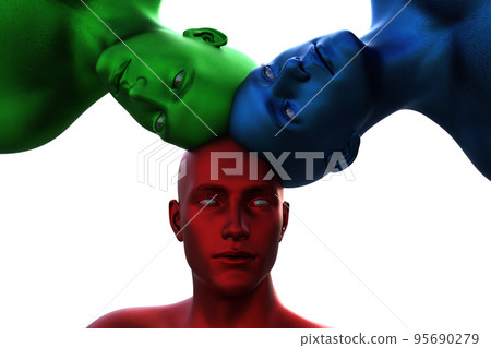 3d model. 3 multicolored male heads growing out of each other. group mind.  95690279