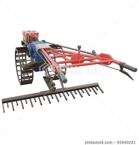 3D render thailand tractor hand control with steel wheels and rake accessaries rear view.png illustration. 95690281