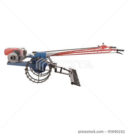 3D render thailand tractor hand control with steel wheels and rake accessaries side view.png illustration. 95690282