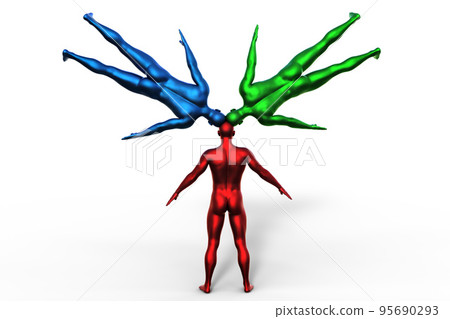 3d model. 3 multicolored naked men with heads growing out of each other. group mind.  95690293