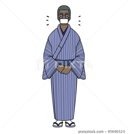 A black man in a kimono greeting with a mask 95690323