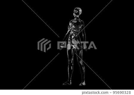 Three dimensional model. Transparent figure of a naked bald woman on a black background. Three dimensional model. Transparent figure of a naked bald woman on a black background. 95690328