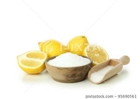 Concept of household cleaners with lemon acid, isolated on white background Concept of household cleaners with lemon acid, isolated on white background 95690561