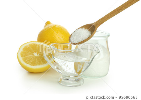 Concept of household cleaners with lemon acid, isolated on white background Concept of household cleaners with lemon acid, isolated on white background 95690563