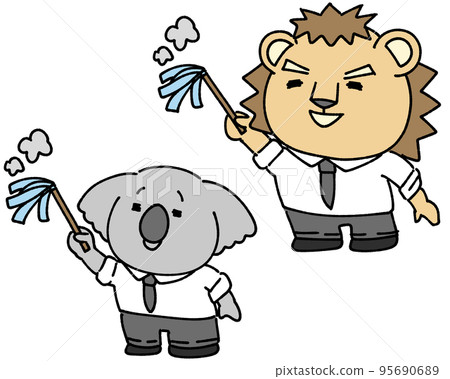 Koala and lion characters cleaning the office Koala and lion characters cleaning the office 95690689