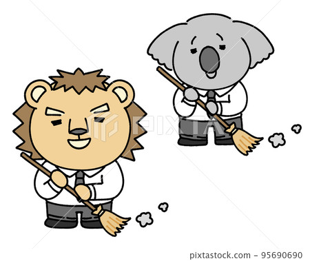 Koala and lion characters cleaning the office Koala and lion characters cleaning the office 95690690