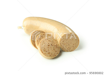 Tasty liverwurst sausage isolated on white background Tasty liverwurst sausage isolated on white background 95690802