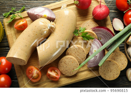 Concept of tasty food, liverwurst sausage, top view Concept of tasty food, liverwurst sausage, top view 95690815