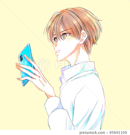 A man touching a smartphone with a smile A man touching a smartphone with a smile 95691109