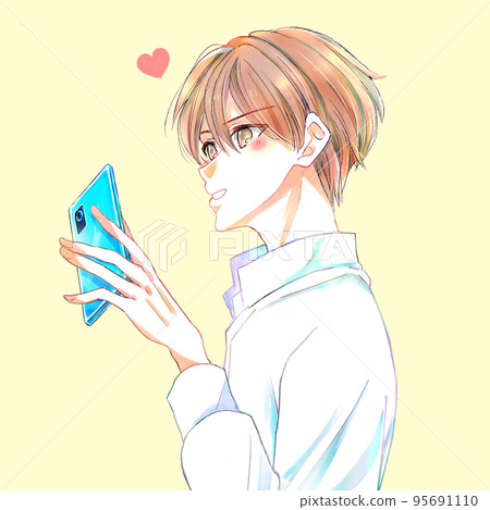 A man who happily touches his smartphone Heart 95691110