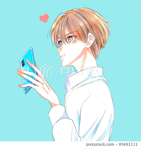 A man who happily touches his smartphone Heart A man who happily touches his smartphone Heart 95691111