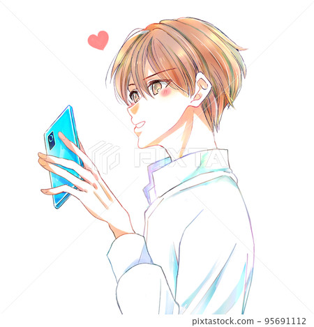 A man who happily touches his smartphone Heart A man who happily touches his smartphone Heart 95691112