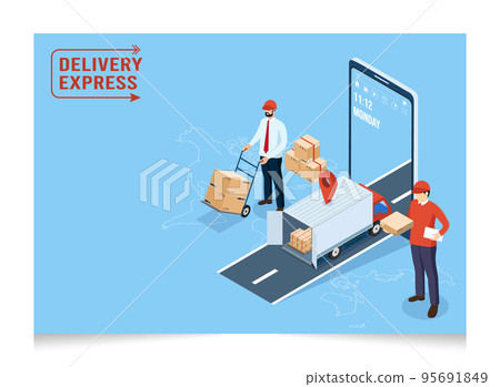 3D isometric Logistics and Delivery services concept with People transport product boxes from suppliers to buyers and Warehouse, truck, forklift. Vector illustration eps10 95691849