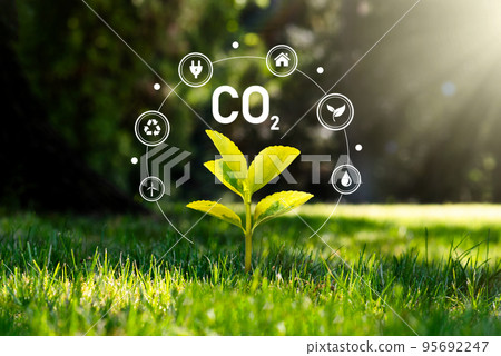 Carbon dioxide emissions, carbon footprint concept 95692247