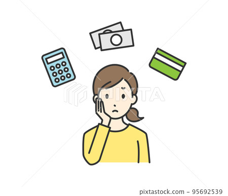 Illustration of a woman who worries about the household budget Illustration of a woman who worries about the household budget 95692539