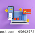 3d illustration of banking devices. Online bank service for laptop and laptop render. 95692572