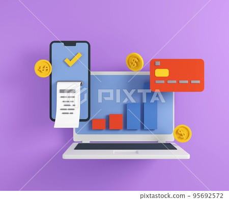3d illustration of banking devices. Online bank service for laptop and laptop render. 3d illustration of banking devices. Online bank service for laptop and laptop render. 95692572