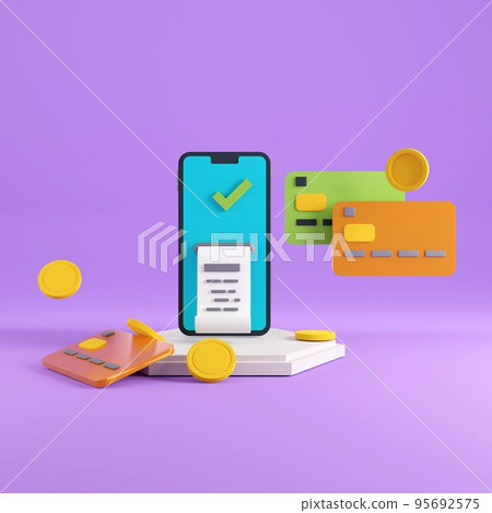 3d illustration of mobile banking concept. Smartphone and credit cards 3d render for payment transaction. 3d illustration of mobile banking concept. Smartphone and credit cards 3d render for payment transaction. 95692575