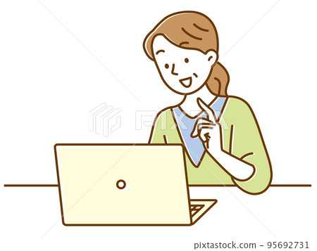 Senior woman looking at computer screen and pointing Senior woman looking at computer screen and pointing 95692731