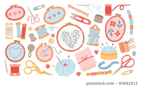 Set of tools for hobby, embroidery needlework, canvas, hoop, thread a needle, floss, scissors, flat vector graphics Set of tools for hobby, embroidery needlework, canvas, hoop, thread a needle, floss, scissors, flat vector graphics 95692815