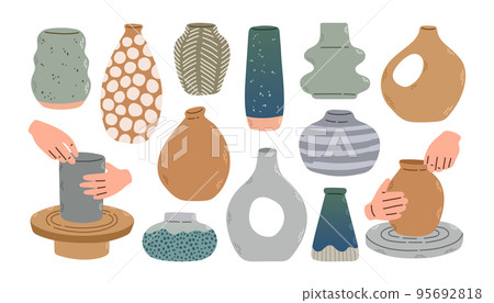 Various ceramic Vases. Different shapes. Pottery workshop, pottery wheel. Hand drawn Vector set. Trendy illustration. 95692818