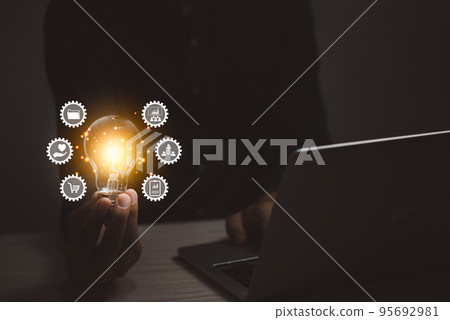 invention innovation bulb business technology lamp light connection CRM Customer Relationship Management electricity businessman holding energy interaction features internet power. invention innovation bulb business technology lamp light connection CRM Customer Relationship Management electricity businessman holding energy interaction features internet power. 95692981