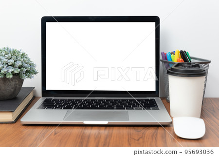 Computer laptop and coffee cup mouse on desk.Flat lay with blank copy space. 95693036