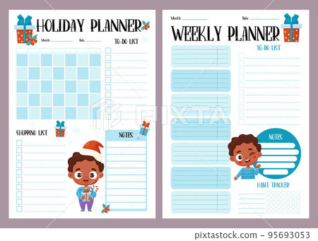 Holiday male planner set. Organizer, month calendar, weekly plan, to-do, shopping list, habit tracker and notes with black ethnic boy. Vector vertical template for New Year, Christmas, festive design. 95693053