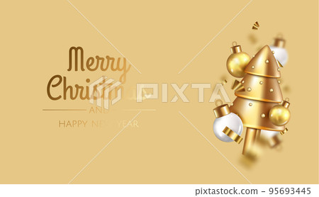 Christmas bright tree. Happy New Year and Merry Christmas. Realistic 3d design of objects, snowflakes,christmas ball. Vector illustration 95693445