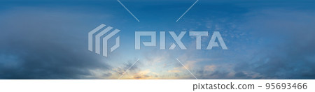 Dark blue twilight sky panorama with Cumulus clouds. Seamless hdr 360 panorama in spherical equiangular format. Full zenith or sky dome for 3D visualization, sky replacement for aerial drone panoramas 95693466