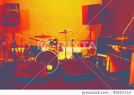 Live music photo background, rock drum set with and blurred stage lights. Thermography gradients, retro glitch, noise, selective focus 95693514