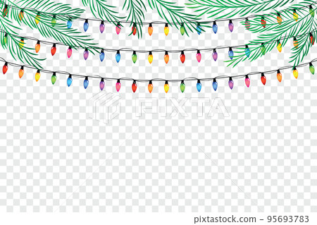christmas greeting card with colorful shiny fairy lights and fir branches christmas greeting card with colorful shiny fairy lights and fir branches 95693783