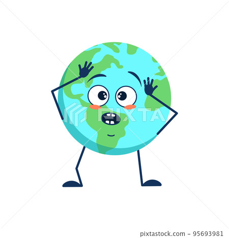 Cute planet earth character with emotions in a panic grabs his head, face, arms and legs. World earth day. Vector flat illustration Cute planet earth character with emotions in a panic grabs his head, face, arms and legs. World earth day. Vector flat illustration 95693981