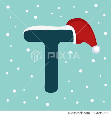 Letter T with snow and red Santa Claus hat. Festive font for Christmas and New Year 95694056